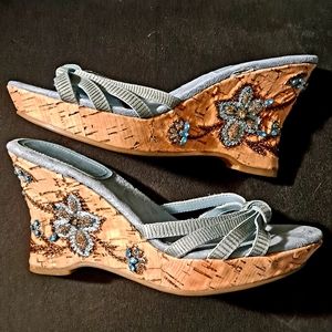 Bandolino Cork Wedge Sandals Blue Sequins Rhinestone Embellished Shoes 7 1/2 7.5